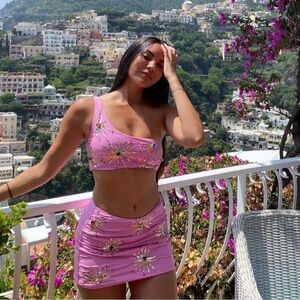 New Oceanus Callie co-ord pink embellished top and skirt set